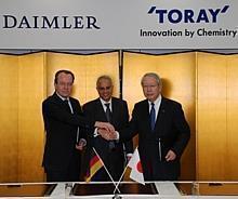 Toray Industries, Inc. und der deutsche Premiumautomobilhersteller Daimler AG bei der Unterzeichnung eines gemeinsamen Joint Ventures für die Herstellung und Vermarktung von Automobilteilen aus carbonfaserverstärkten Kunststoffen (CFK). 